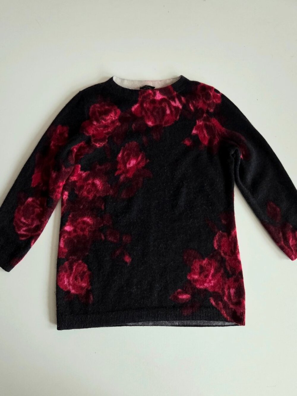 Talbots Pure Cashmere Black Sweater with Pink Roses